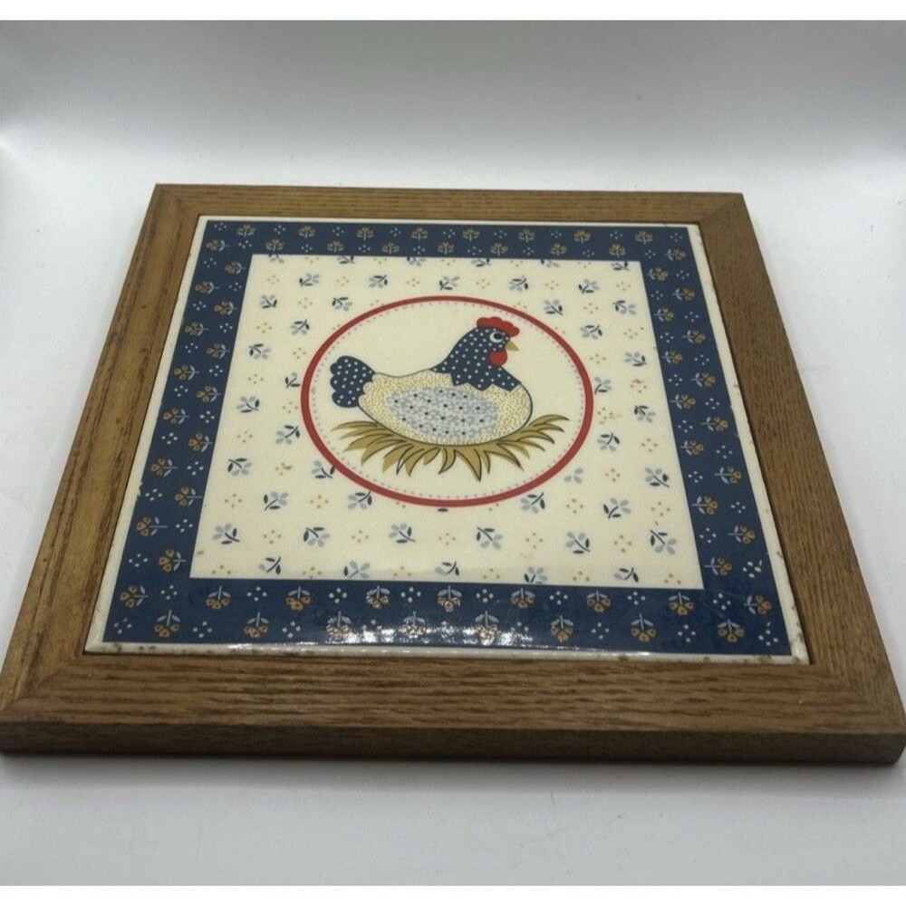 Country Hen On Nest Wood Framed Ceramic Trivet/Wall Hanging~ Farmhouse Decor